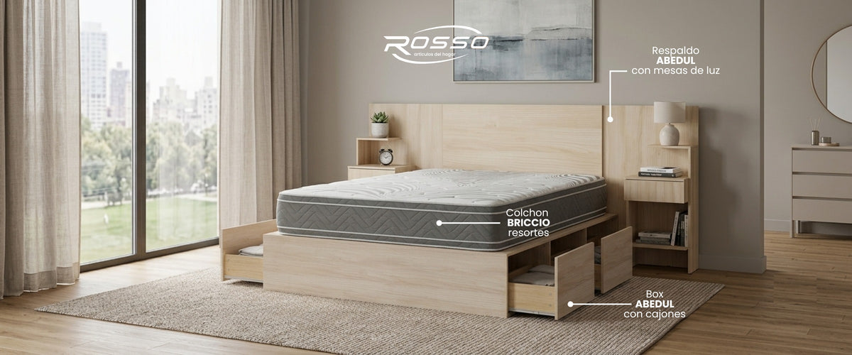 Habitación completa Rosso: respaldo con mesas de luz, colchón Briccio y box con cajones
